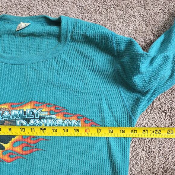 Vintage 90s Harley Davidson Teal Thermal Waffle Knit Top XL Flames Eagle 1993 - Picture 11 of 13